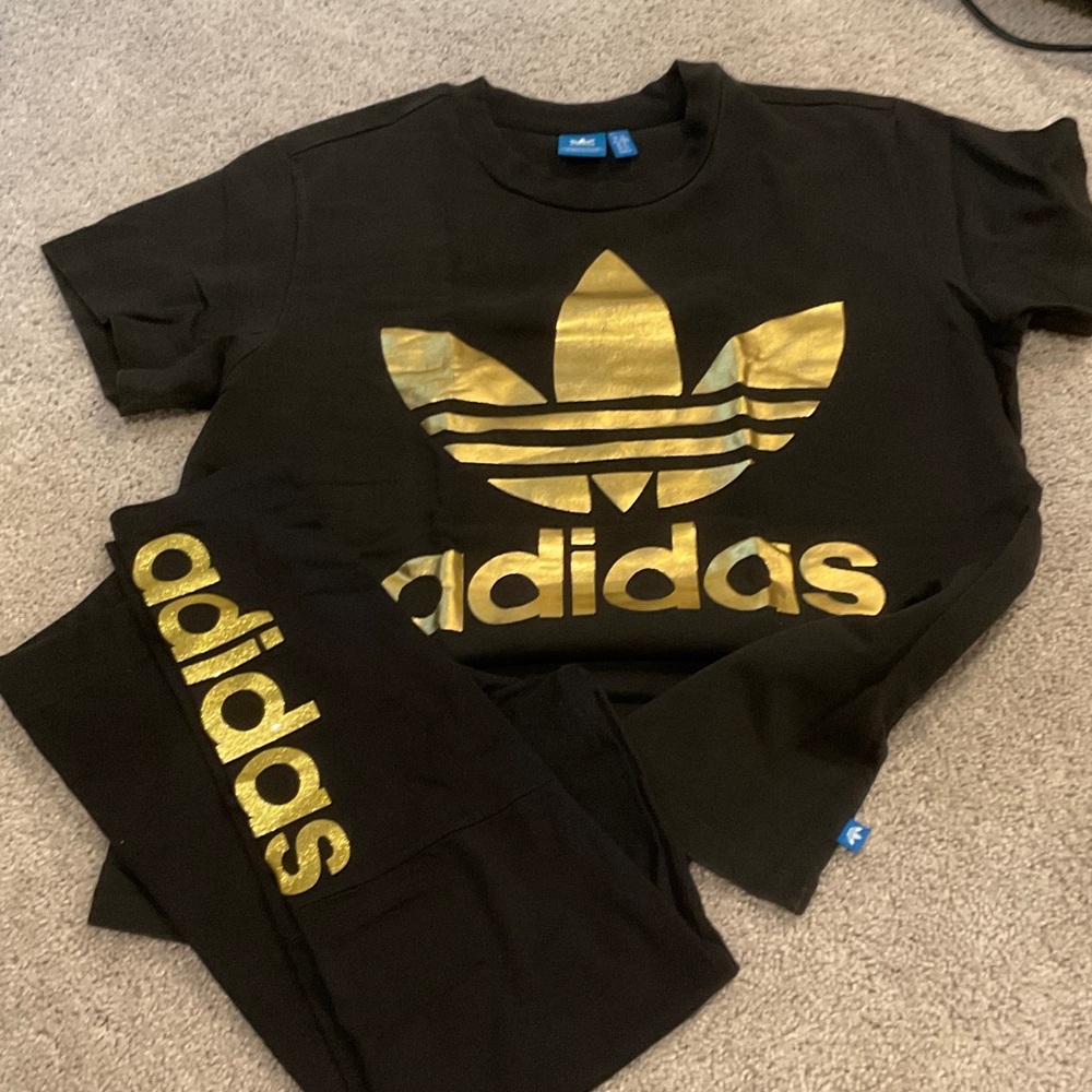 Adidas Black Tee and Pants with Gold Logo